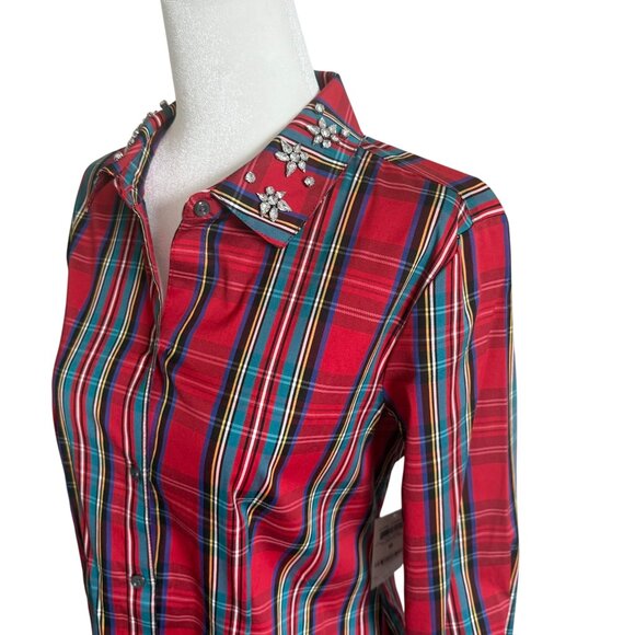 NWT Red Plaid Button Down Shirt Christmas Charter Club US 6 Rhinestones - Picture 3 of 13